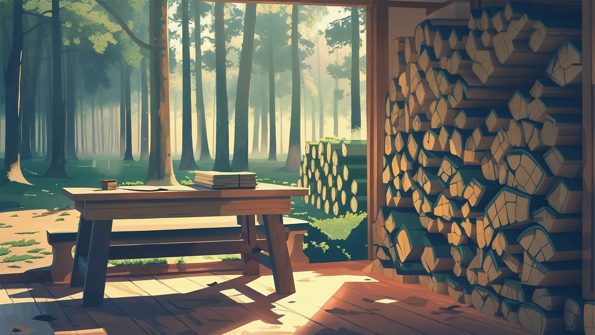 Une illustration en extérieur avec une forêt en fond, des bûches de bois ainsi du bois coupé