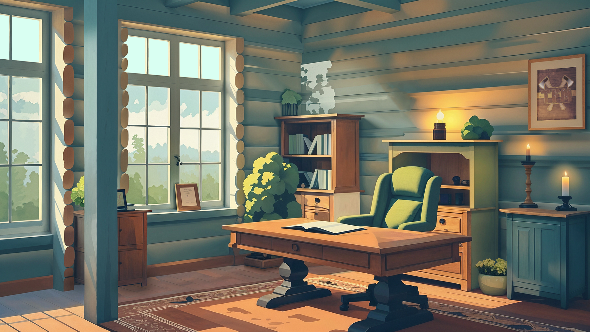 Illustration représentant une pièce de bureau avec des murs en bois