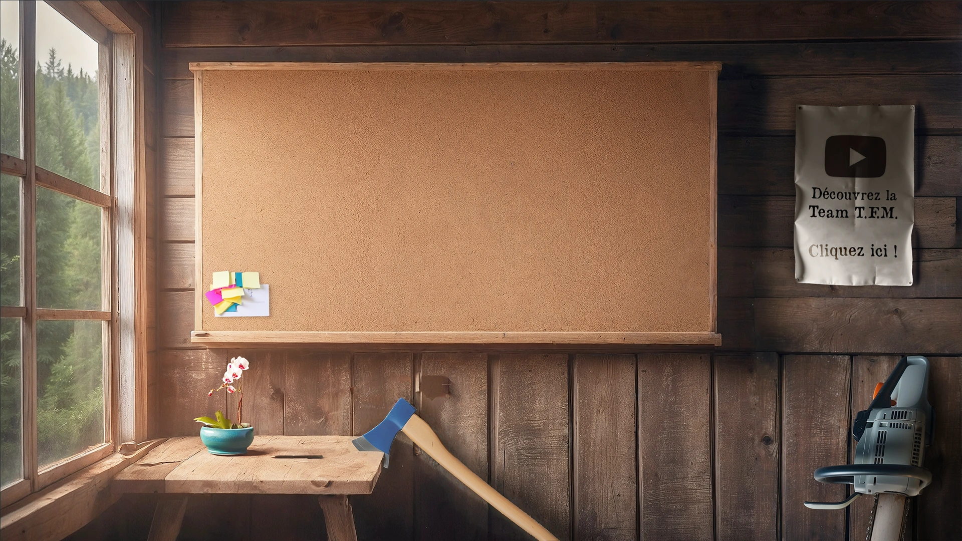 Illustration d'une pièce avec un tableau en liège sur un mur de bois accompagné d'une hache et d'une tronçonneuse